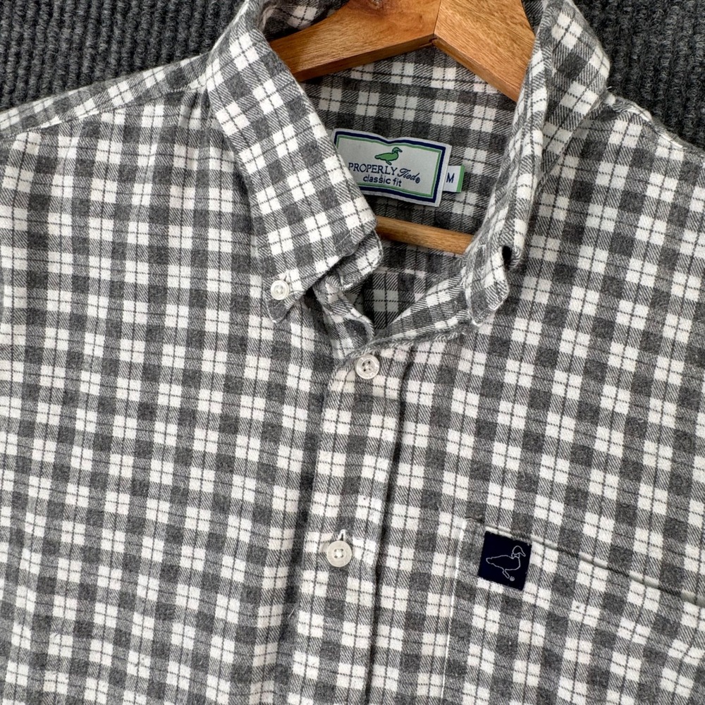 Properly Tied Men M Gray White Plaid Button Down Shirt Preppy Classic Fit Casual